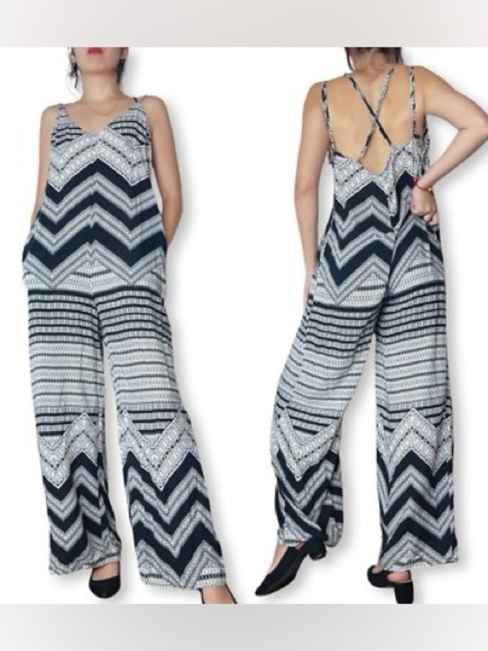 FOREIGN EXCHANGE Black And White Tribal Geometric Pattern Jumpsuit  Size L